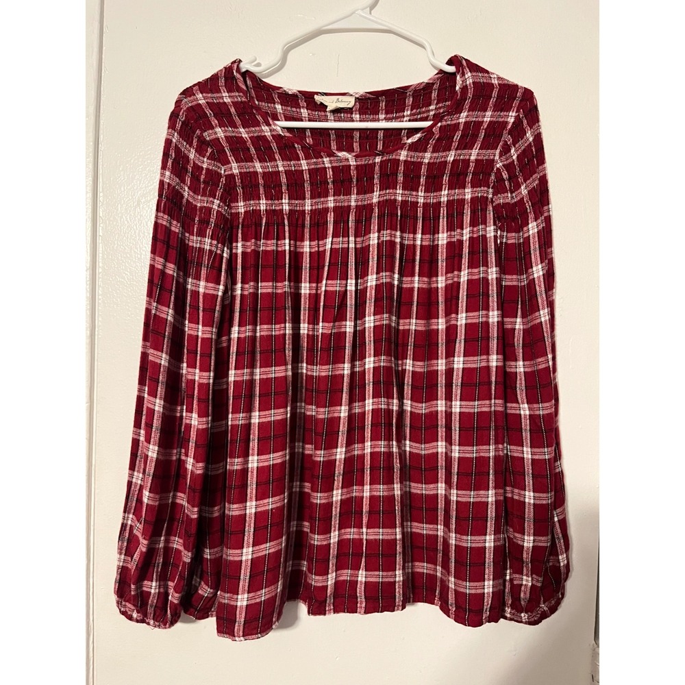 Jane and Delancey Red Plaid Smocked Long Sleeve Boho Blouse Womens Large